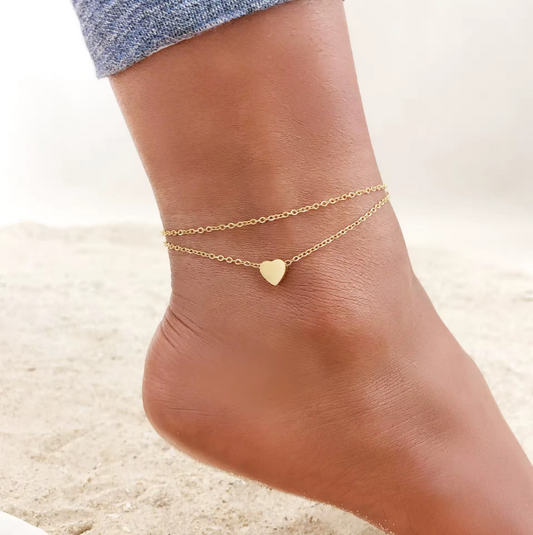 Gold Double Layer Heart Charm Chain Anklet