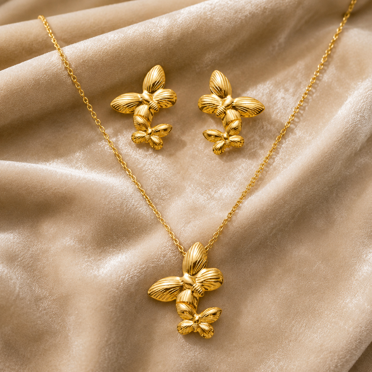 Gold Double Butterfly Necklace & Earring Set