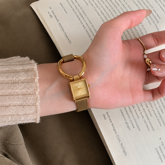 IEKE Gold Square Mesh Ring Watch – Women's Minimalist Luxury Timepiece
