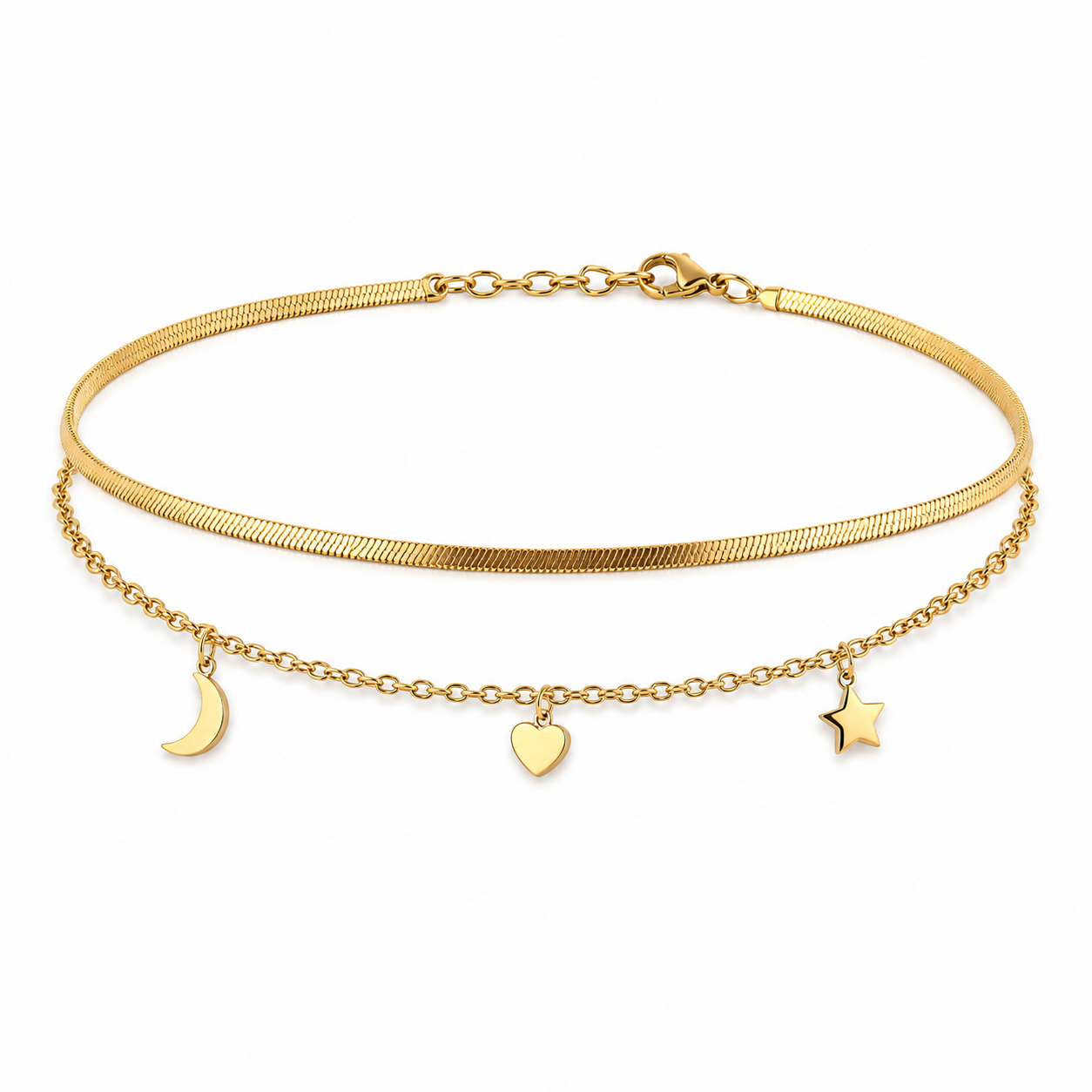 Gold Layered Herringbone & Moon Heart Star Charm Anklet Set