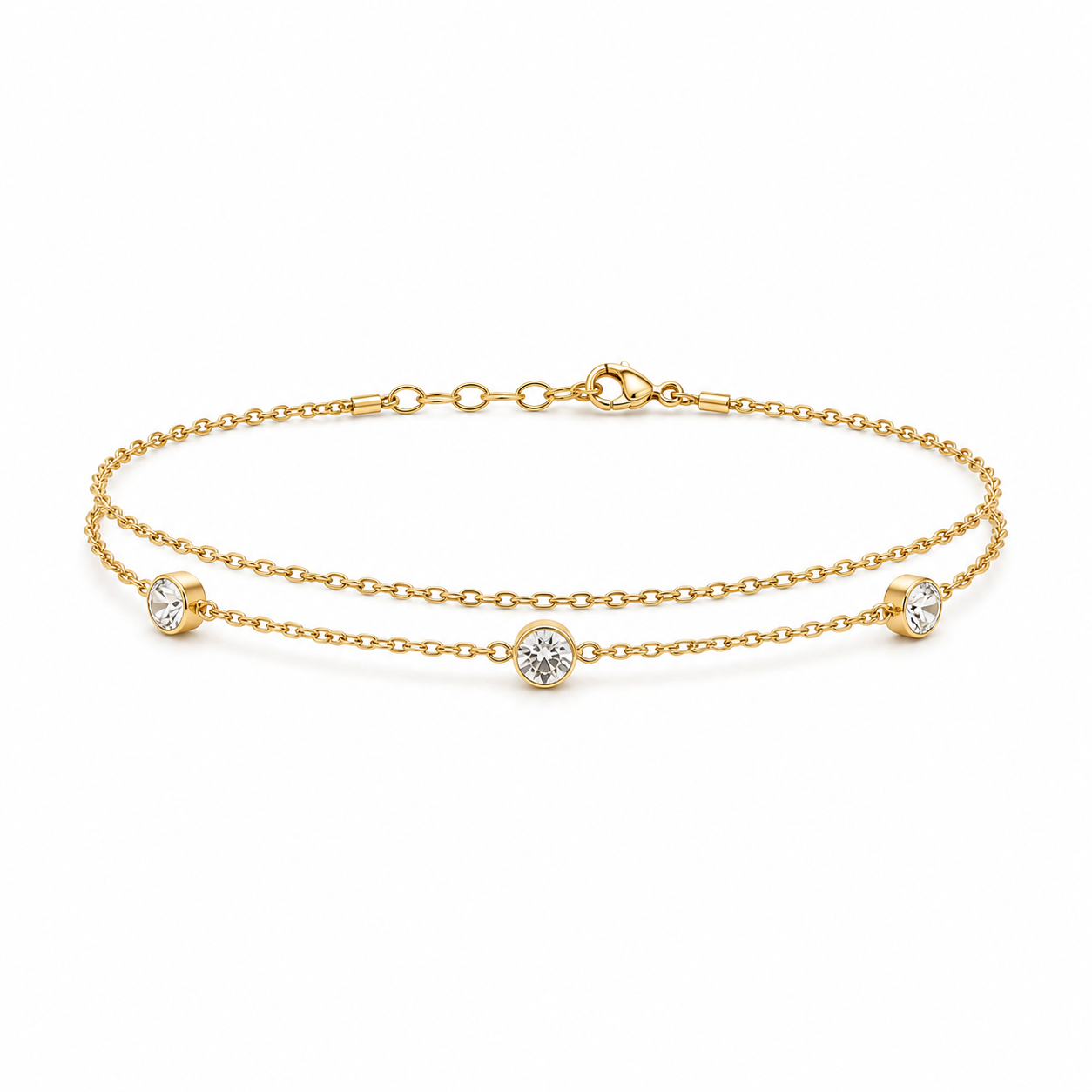Gold Double Layer Crystal Bezel Chain Anklet