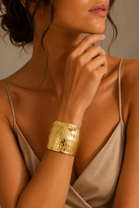 Gold Bark Texture Concave Cuff Bangle