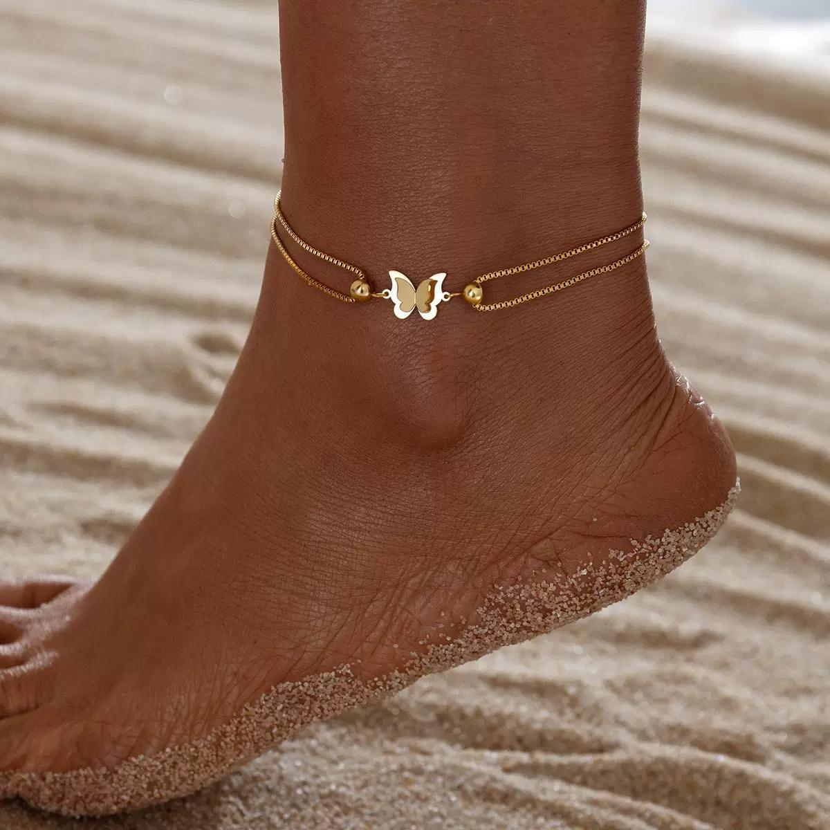 Gold Double Layer Butterfly Bead Box Chain Anklet