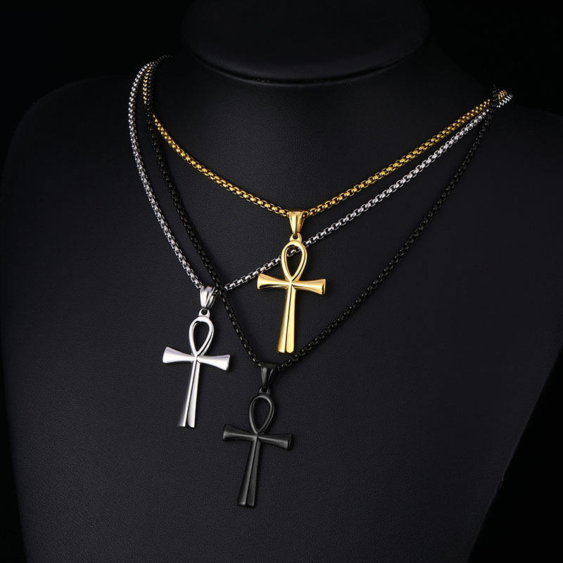Egyptian Ankh Cross Necklace – Silver, Gold & Black with Box Chain