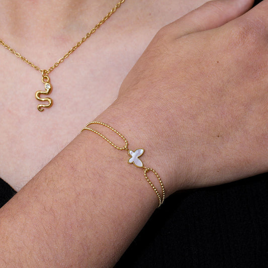 Gold Double Chain Cross Shell Bracelet