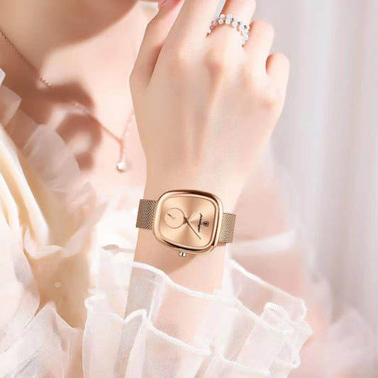Poedagar Rose Gold Cushion Mesh Watch – Women's Luxury Minimalist Timepiece