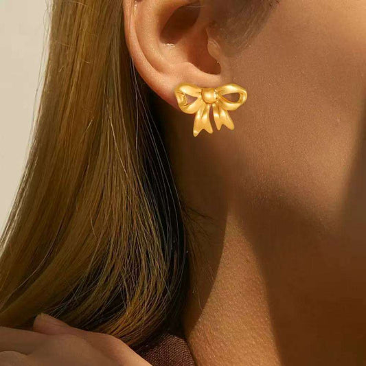 Gold Oversized Ribbon Bow Statement Earrings