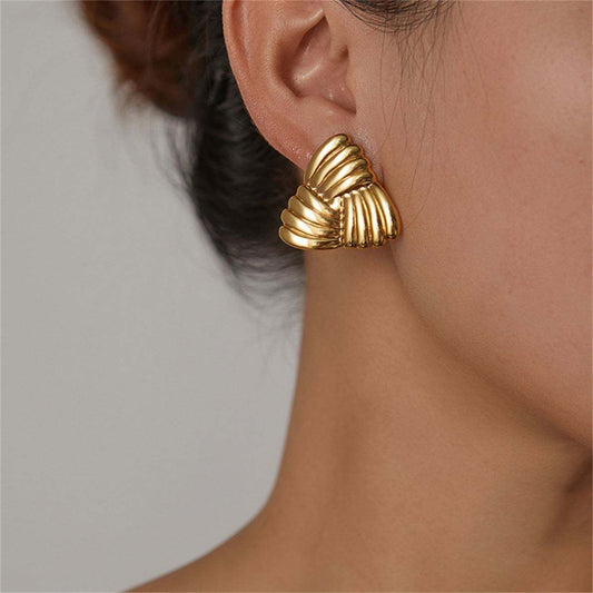 Gold Ribbed Fan Heart Statement Earrings