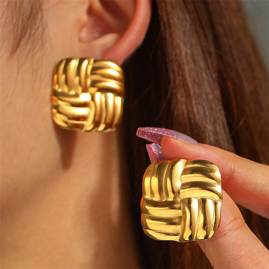 Gold Woven Knot Square Chunk Stud Earrings