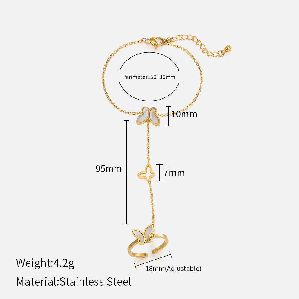 Gold Butterfly Hand Chain Bracelet & Ring Set - 20cm