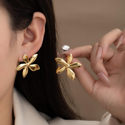 Gold Four-Petal Plumeria Stud Earrings