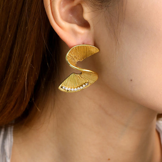 Gold Double Fan Crystal Drop Earrings