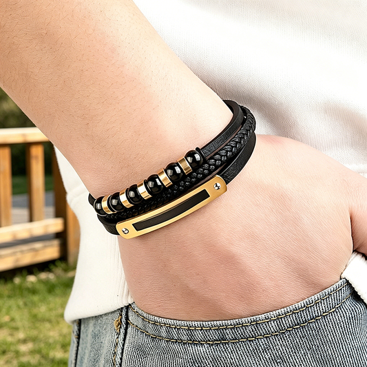 Men's Multi-Layer Leather & Bead Bracelet – Silver & Gold Edition