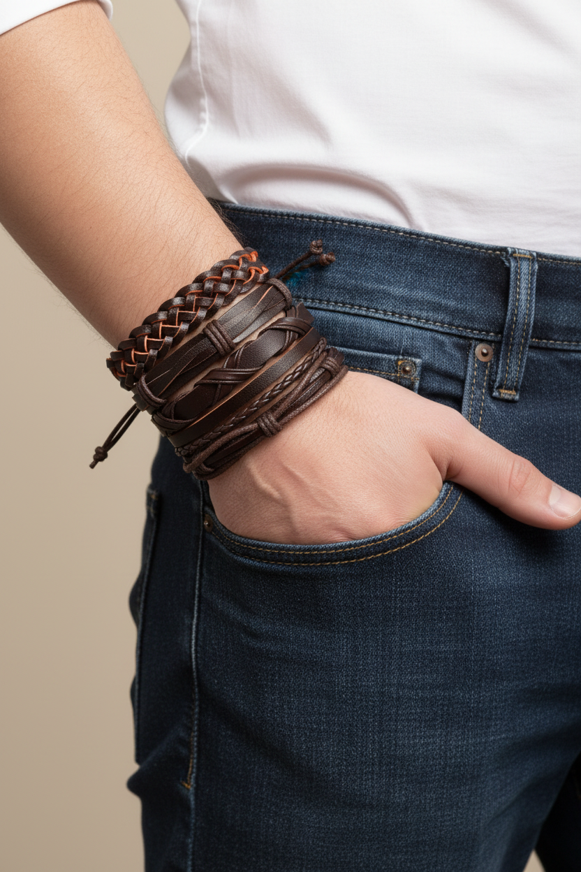Brown Multicolor Leather Bracelet Set – Men's Lifestyle