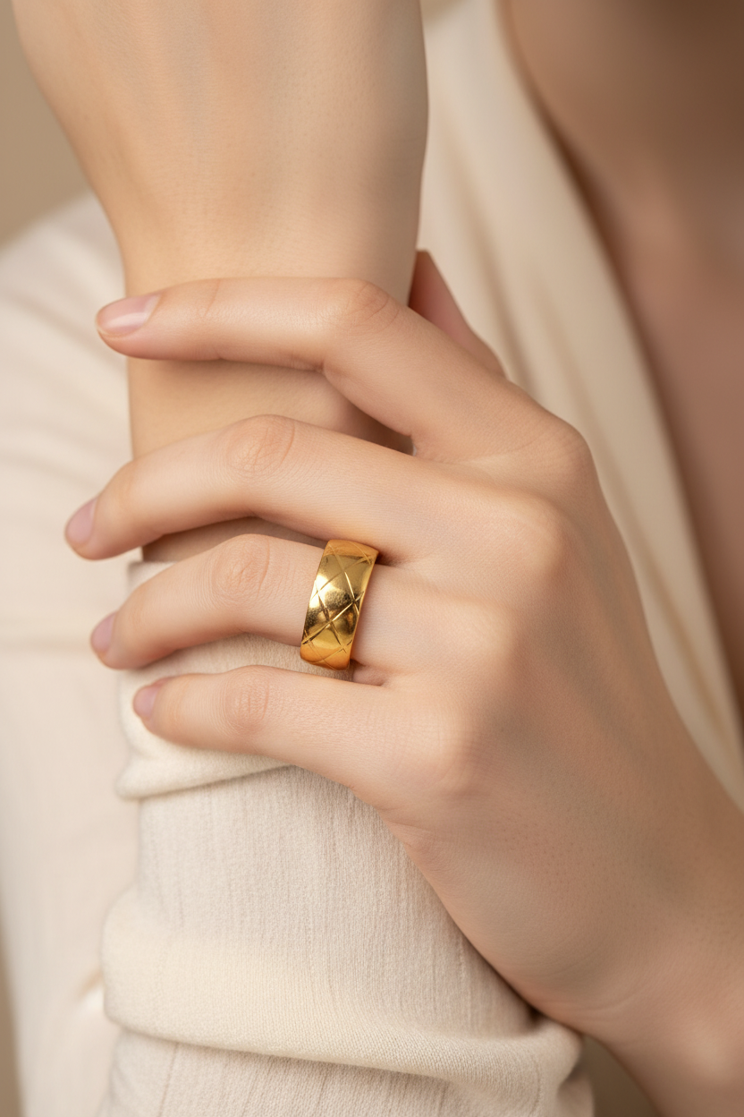 Gold Double Band Quilted Cuff Ring - Lifestyle Model Shot