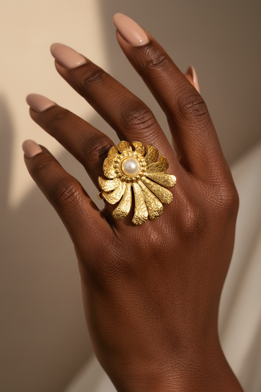 Gold Hammered Sunflower Pearl Ring – Black Model Campaign