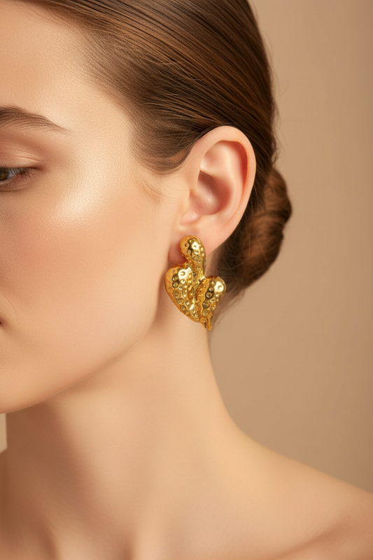 Gold Hammered Teardrop Heart Earrings – White Model Campaign
