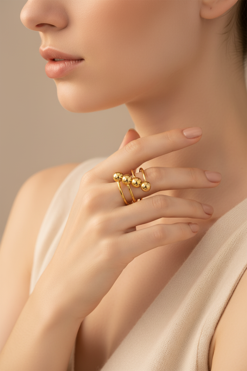 Gold Triple Band Multi-Ball Ring - Lifestyle Model Shot