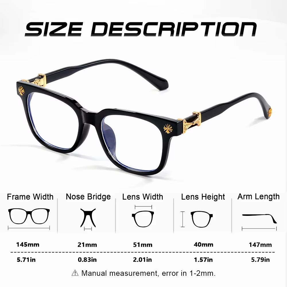 Black Square Blue Light Glasses – Silver Cross Detail Frames