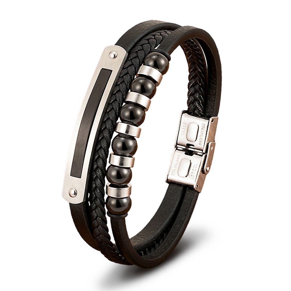 Men's Multi-Layer Leather & Bead Bracelet – Silver & Gold Edition