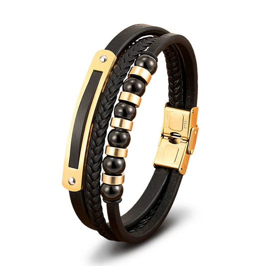 Men's Multi-Layer Leather & Bead Bracelet – Silver & Gold Edition