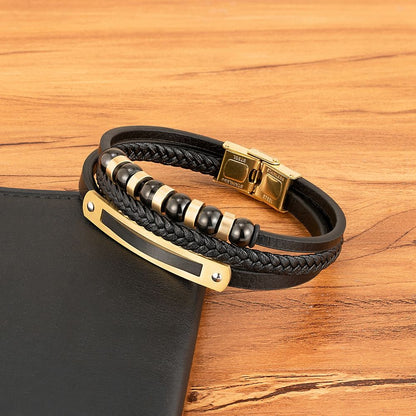 Men's Multi-Layer Leather & Bead Bracelet – Silver & Gold Edition