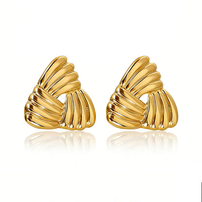 Gold Ribbed Fan Heart Statement Earrings