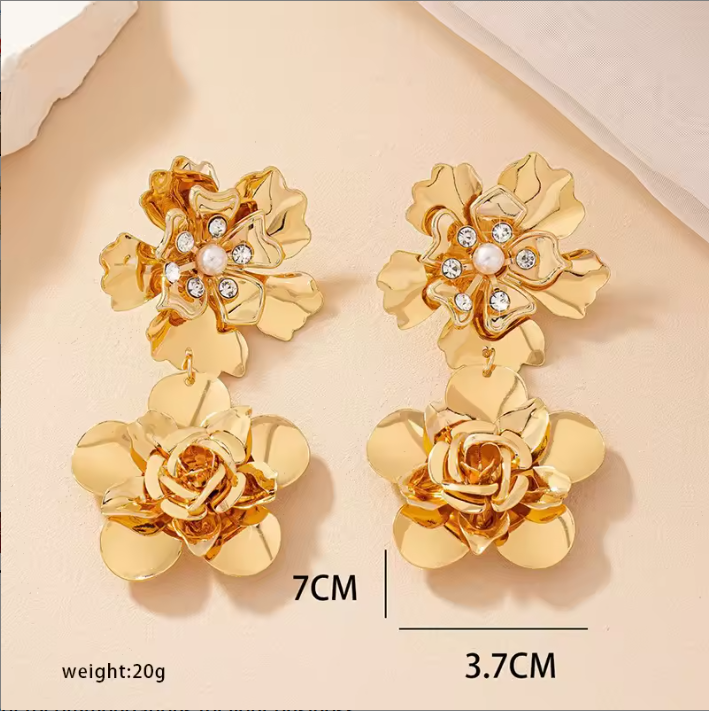 Gold Double Flower Drop Earrings