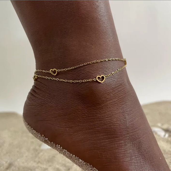Gold Double Layer Open Heart Chain Anklet