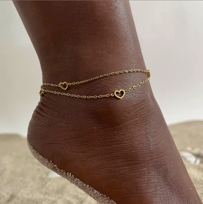 Gold Double Layer Open Heart Chain Anklet