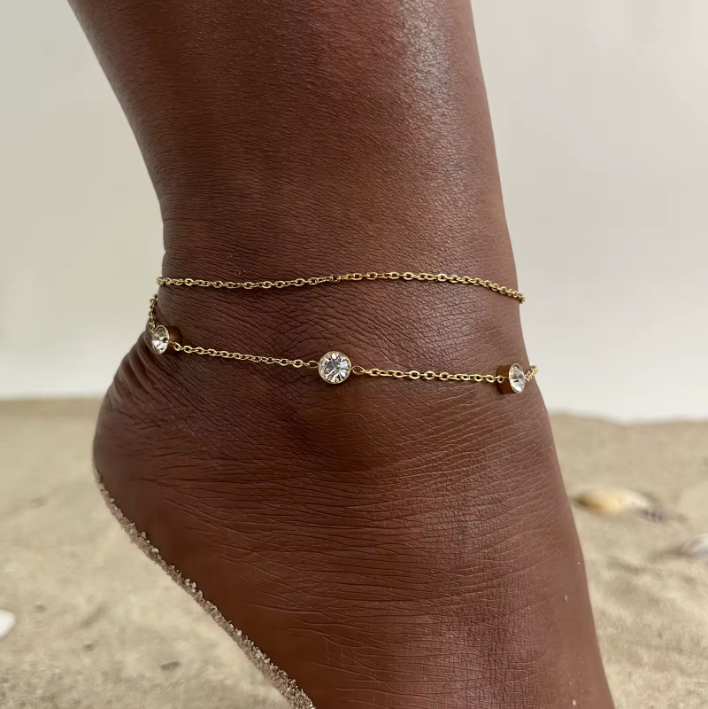 Gold Double Layer Crystal Bezel Chain Anklet