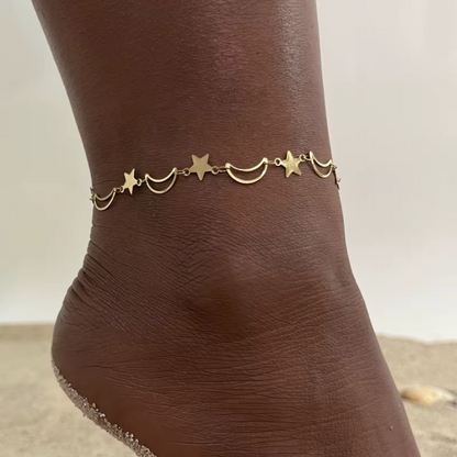 Gold Star & Moon Festoon Chain Anklet