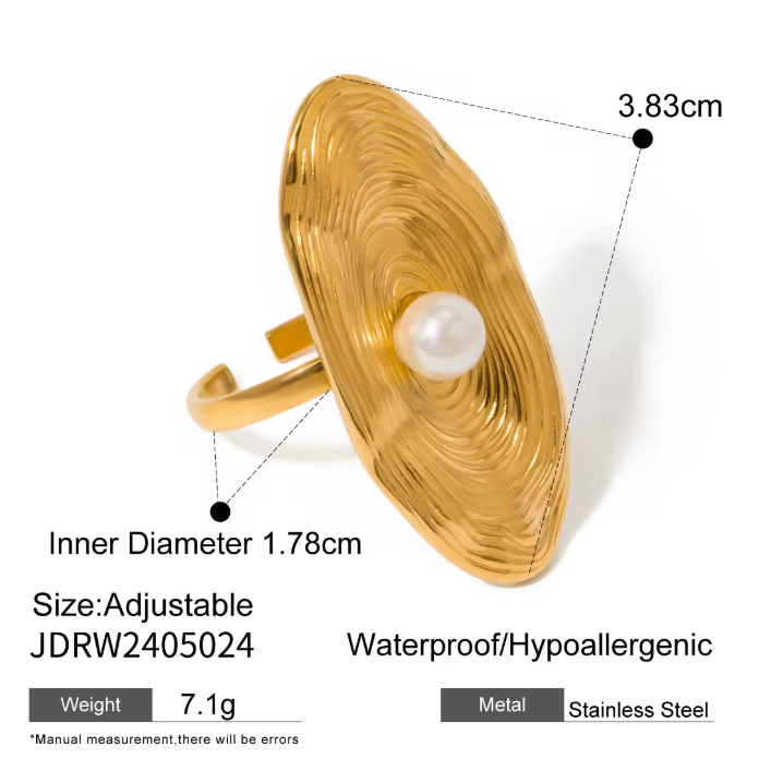 Gold Textured Disc Pearl Center Ring