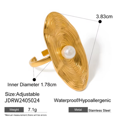 Gold Textured Disc Pearl Center Ring