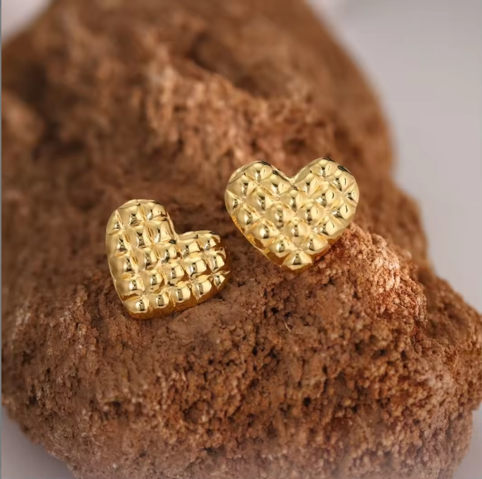 Gold Quilted Heart Stud Earrings