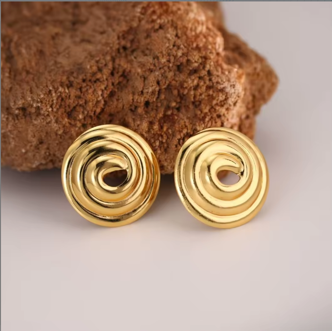 Gold Spiral Swirl Stud Earrings