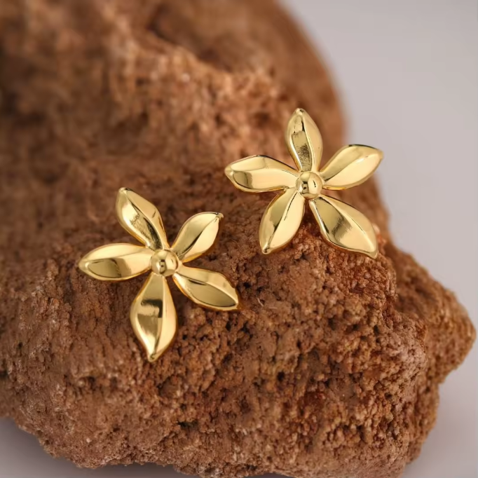 Gold Four-Petal Plumeria Stud Earrings