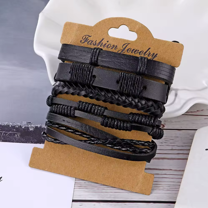 Brown Braided Leather Bracelet Set – 5-Piece Multi-Layer Wristband Stack for Men