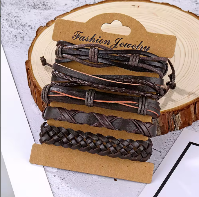 Brown Braided Leather Bracelet Set – 5-Piece Multi-Layer Wristband Stack for Men
