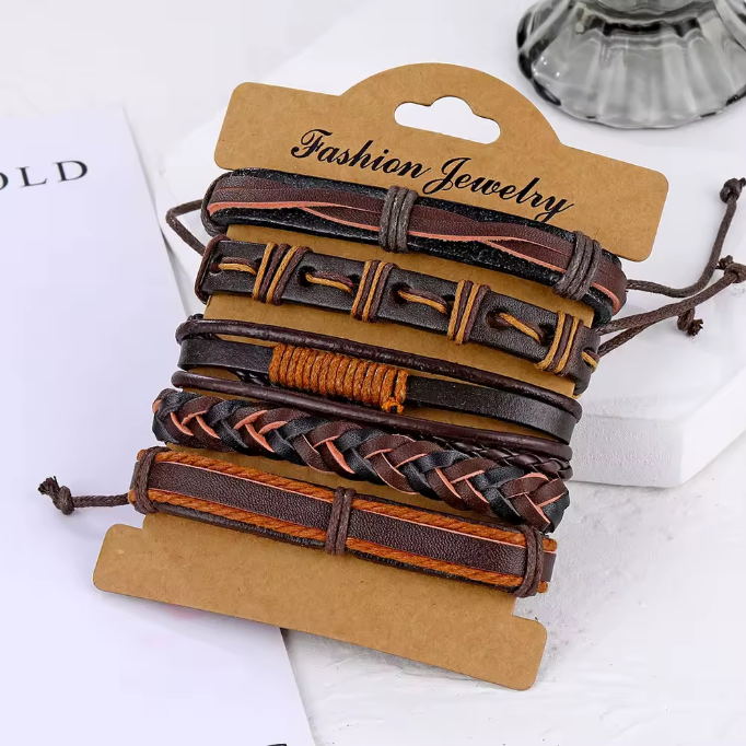 Brown Braided Leather Bracelet Set – 5-Piece Multi-Layer Wristband Stack for Men