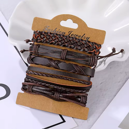 Brown Braided Leather Bracelet Set – 5-Piece Multi-Layer Wristband Stack for Men