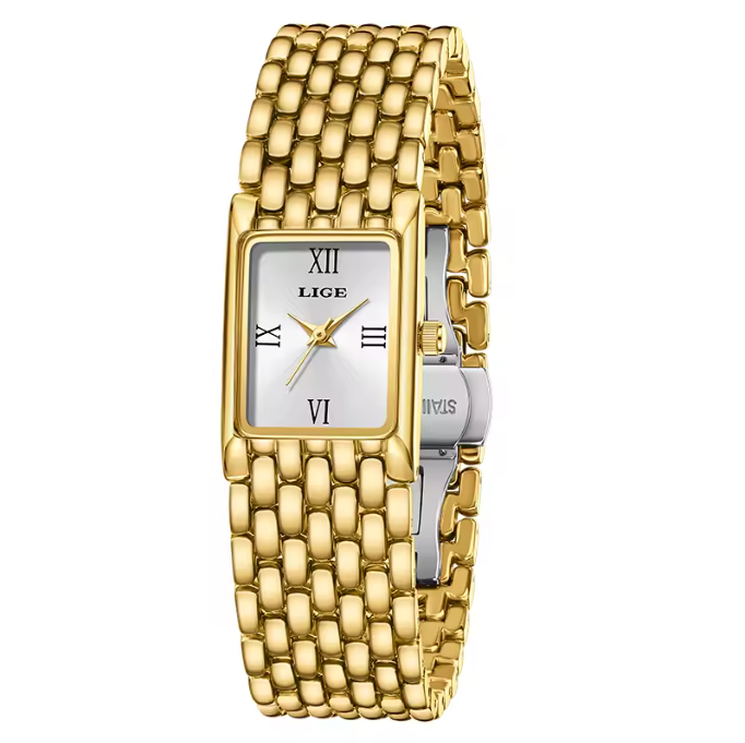 LIGE Royal Gold Rectangle Watch – Women's Luxury Bracelet Timepiece