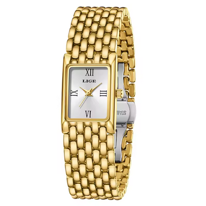 LIGE Royal Gold Rectangle Watch – Women's Luxury Bracelet Timepiece