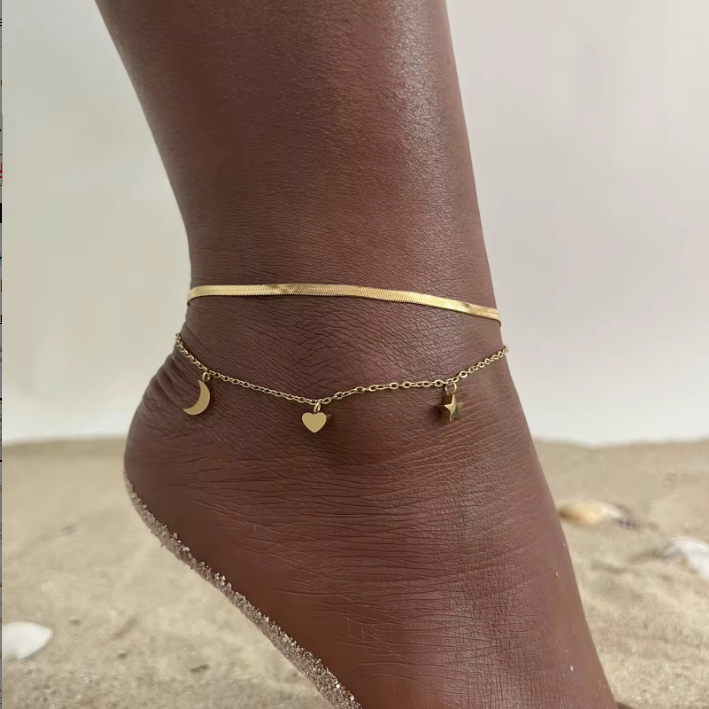 Gold Layered Herringbone & Moon Heart Star Charm Anklet Set