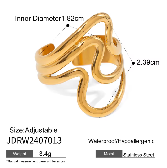 Gold Abstract Wave Layered Open Ring