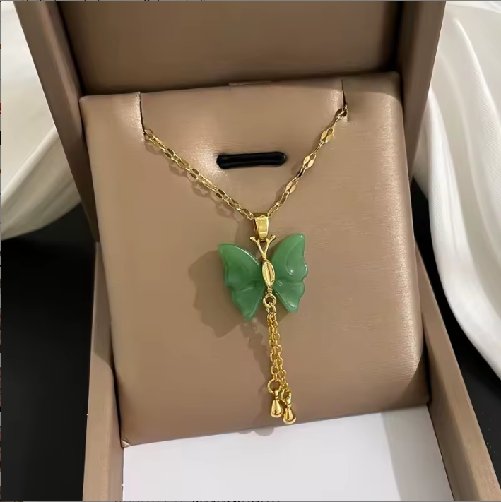 Jade Green Butterfly Tassel Necklace – Women's Luxury Gold Pendant