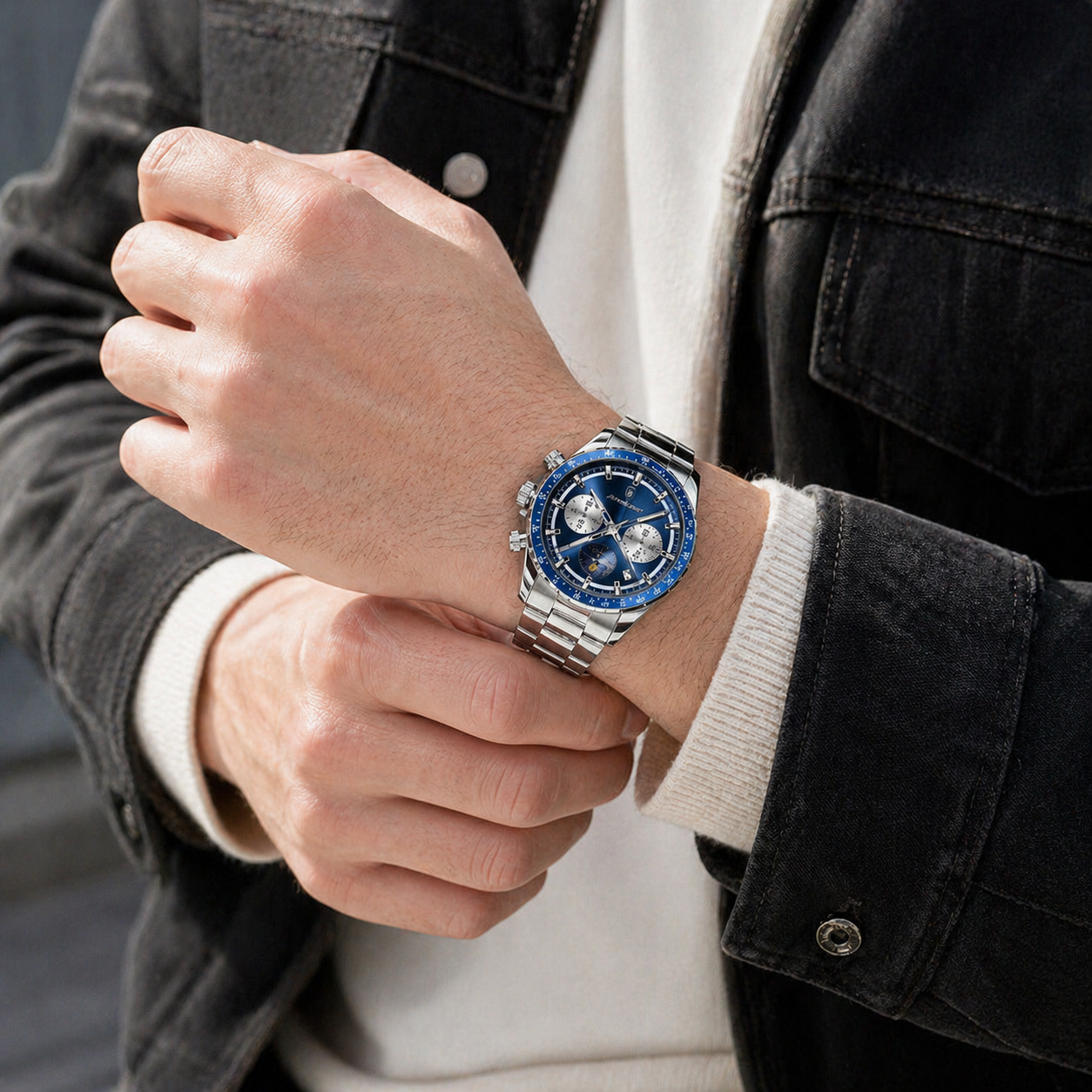 POEDAGAR Moon Phase Chronograph Watch