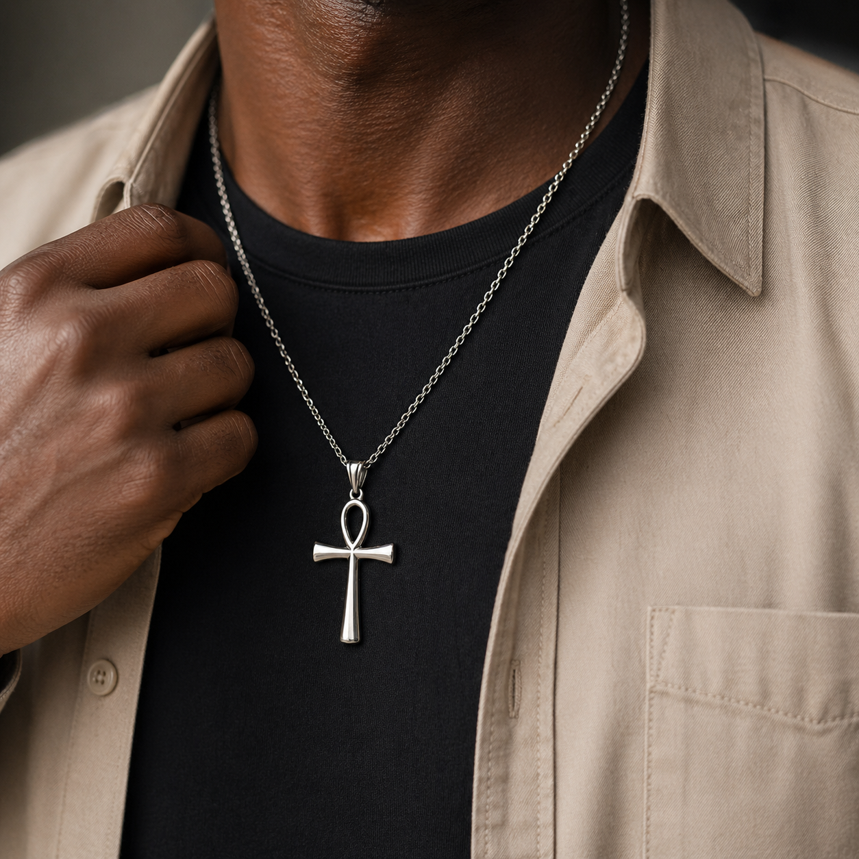 Egyptian Ankh Cross Necklace – Silver, Gold & Black with Box Chain