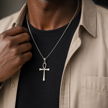 Egyptian Ankh Cross Necklace – Silver, Gold & Black with Box Chain