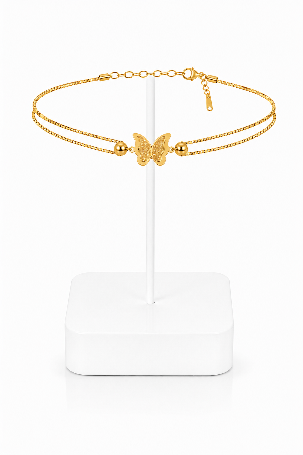 Gold Double Layer Butterfly Bead Box Chain Anklet